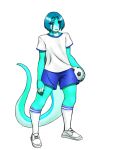  andromorph anthro ball bottomwear clothing footwear furball gecko green_body hi_res intersex jordan lizard purple_eyes reptile scalie shirt shoes shorts sneakers soccer_ball socks solo t-shirt topwear 