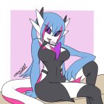  1:1 2023 3_fingers big_breasts black_sclera blue_hair breasts cleavage clothed clothing cobra0281 eye_through_hair female fingers fusion gardevoir generation_3_pokemon generation_7_pokemon hair hi_res humanoid multicolored_body nintendo not_furry pokemon pokemon_(species) pokemon_fusion purple_eyes salazzle signature sitting solo tail tight_clothing tongue tongue_out translucent translucent_hair two_tone_body 