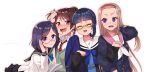  4girls braid brown_hair closed_eyes ensemble_girls! facing_viewer glasses hair_bun hisayoshi_(hisa) itou_sakura kijishi_sumire long_hair looking_at_another looking_at_viewer multiple_girls pink_hair purple_eyes purple_hair red_eyes segawa_kaede short_hair umezono_kana white_background 