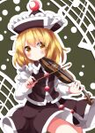  1girl black_headwear black_skirt black_vest blonde_hair blush bow_(music) breasts closed_mouth crescent crescent_hat_ornament hair_between_eyes hat hat_ornament highres holding holding_instrument instrument juliet_sleeves long_sleeves looking_at_viewer lunasa_prismriver music playing_instrument puffy_sleeves ruu_(tksymkw) shirt short_hair skirt small_breasts solo touhou vest violin white_shirt yellow_eyes 