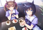  2girls animal_ears black_bow black_hair blue_eyes bow brown_eyes brown_hair cake cake_slice closed_mouth commentary_request cup eating eishin_flash_(umamusume) food gennosuke hair_between_eyes highres holding holding_cup horse_ears horse_girl horse_tail indoors looking_at_viewer multiple_girls on_chair pleated_skirt puffy_short_sleeves puffy_sleeves purple_shirt saucer school_uniform shirt short_sleeves sitting skirt smart_falcon_(umamusume) smile spoon steam strawberry_shortcake tail tracen_school_uniform twintails umamusume white_skirt 