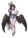  1girl absurdres adjusting_hair arm_up black_choker black_hair black_wings blue_archive blue_jacket blue_shorts blush breasts choker closed_mouth collarbone feathered_wings grey_footwear gym_shirt gym_shorts gym_uniform hair_between_eyes halo hand_in_own_hair hasumi_(blue_archive) hasumi_(track)_(blue_archive) highres holding huge_breasts jacket knees_together_feet_apart long_hair looking_at_viewer low_wings micro_shorts mole mole_under_eye official_alternate_costume official_alternate_hairstyle partially_unzipped plump ponytail red_eyes red_halo shiro_albino shirt shoes shorts simple_background sneakers socks solo standing thick_thighs thighs track_jacket very_long_hair white_background white_shirt white_socks wings 
