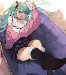  1girl arm_up belt_collar black_socks bright_pupils cardigan cellphone collar couch fang frilled_shirt frills green_eyes green_hair green_nails hair_ornament hair_scrunchie hatsune_miku highres holding holding_phone kneehighs knees_up leg_up miku_day nail_polish off_shoulder on_couch open_mouth phone pink_cardigan pleated_skirt purple_skirt scrunchie shirinda_fureiru shirt sitting skirt sleeveless sleeveless_shirt smartphone socks solo twintails vocaloid white_pupils white_shirt 
