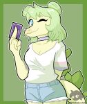  absurd_res anthro blue_eyes bottomwear breasts card choker cleavage clothed clothing colored cutoffs denim denim_clothing dinosaur female goodbye_volcano_high green_hair hair hair_bun hand_behind_back hi_res hotpants jewelry necklace one_eye_closed ornithischian reptile scalie shirt shorts simple_background snoot_game snout solo spiked_tail spikes spikes_(anatomy) stegosaurian stegosaurus stella_(snoot_game) tail thyreophoran tomasllade topwear 