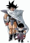  2boys armor black_footwear black_hair boots breastplate cape character_request dragon_ball dragon_ball_z durian food fruit full_body highres holding holding_food holding_fruit kakeru_(dbskakeru) looking_at_viewer multiple_boys muscular muscular_male pants purple_pants scouter shirt short_hair simple_background sleeveless son_gohan spiked_hair toriyama_akira_(style) tullece white_background white_cape 