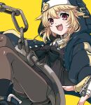  1boy alternate_color androgyne_symbol ass bike_shorts_under_skirt black_pantyhose blonde_hair bridget_(guilty_gear) cuffs fingerless_gloves gloves guilty_gear guilty_gear_strive habit handcuffs homazuun hood hood_up hooded_jacket hoodie jacket long_sleeves male_focus medium_hair open_clothes open_hoodie open_mouth orange_eyes otoko_no_ko pantyhose puffy_long_sleeves puffy_sleeves yellow_background 