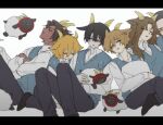  2girls 4boys animal_ears bbunny black_hair black_pants black_socks blonde_hair brown_hair clock closed_eyes dante_(limbus_company) don_quixote_(limbus_company) heathcliff_(limbus_company) horns limbus_company long_hair meursault_(limbus_company) multiple_boys multiple_girls non-breath_oblige_(vocaloid) pants parted_bangs parted_lips project_moon rodion_(limbus_company) sheep sheep_ears sheep_horns short_hair simple_background sinclair_(limbus_company) sleeping socks very_long_hair white_background yi-sang_(limbus_company) 