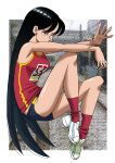  1girl black_hair black_shorts blurry blurry_background border crossed_arms floating gstar8893 hand_on_own_knee highres knees_up long_hair looking_to_the_side original outside_border red_eyes red_shirt red_socks shirt shoes short_shorts shorts sleeveless sleeveless_shirt sneakers socks solo sportswear white_border 