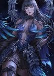  1girl armor artist_name bare_shoulders black_flower black_hair black_rose blue_eyes blue_feathers breasts choker claws commentary dark_background dress english_commentary expressionless feather_dress feathers final_fantasy final_fantasy_xiv flower gaia_(ff14) highres lips long_hair looking_at_viewer medium_breasts navel nibelart patreon_username rose signature skirt solo web_address 