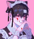  1boy animal_ears apron black_dress blood blood_on_face blood_on_hands cat_ears dress eyepatch eyepatch_lift fake_animal_ears greyscale gyuing666 highres maid maid_apron maid_headdress male_focus monochrome original pink_background pink_theme short_hair simple_background solo wrist_cuffs 