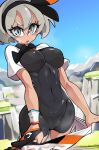  1girl absurdres bea_(pokemon) black_bodysuit black_hairband blue_sky bodysuit bodysuit_under_clothes bongfill bow_hairband breasts clear_sky clothes_pull commentary covered_navel cowboy_shot day dynamax_band english_commentary gloves grey_eyes grey_hair hair_between_eyes hairband highres large_breasts leaning_back looking_at_viewer mountain open_mouth outdoors pokemon pokemon_(game) pokemon_swsh print_shorts short_hair short_sleeves shorts shorts_pull single_glove skin_tight sky solo standing sweatdrop teeth upper_teeth_only v-shaped_eyebrows 