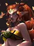  breasts cleavage clothed clothing dota ear_piercing ear_ring elf female hair hi_res humanoid humanoid_pointy_ears irushi000 light_body light_skin long_hair looking_at_viewer magic_user not_furry piercing ring_piercing simple_background solo 