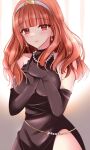  1girl bare_shoulders black_dress black_gloves blunt_bangs breasts celica_(fire_emblem) dress earrings elbow_gloves fire_emblem fire_emblem_echoes:_shadows_of_valentia gloves hairband highres jewelry kirishima_riona long_hair looking_at_viewer medium_breasts necklace own_hands_clasped own_hands_together pearl_necklace red_eyes red_hair smile solo 