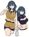  1girl bare_arms bare_shoulders black_shirt blue_eyes blue_hair breasts byleth_(female)_(fire_emblem) byleth_(fire_emblem) cleavage cleavage_cutout clothing_cutout commentary_request crop_top cropped_legs do_m_kaeru fire_emblem fire_emblem:_three_houses hand_on_own_hip long_sleeves midriff multiple_views navel shirt short_shorts shorts simple_background sleeveless sleeveless_shirt standing stomach white_background yellow_shirt yellow_shorts 