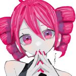  1girl bare_shoulders drill_hair hair_between_eyes head_tilt highres kasane_teto looking_at_viewer nail_polish own_hands_together pink_eyes pink_hair pink_nails portrait simple_background sleeveless solo steepled_fingers twin_drills urokogaran utau white_background 