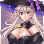  1girl bare_shoulders black_dress bow breasts cleavage commentary_request corrin_(female)_(fire_emblem) corrin_(fire_emblem) dress earrings fire_emblem fire_emblem_fates fire_emblem_heroes grey_hair grin halloween halloween_costume hat hat_bow hazuki_(nyorosuke) jewelry large_breasts long_hair looking_at_viewer off-shoulder_dress off_shoulder official_alternate_costume pointy_ears puffy_sleeves purple_bow purple_headwear red_eyes smile solo upper_body very_long_hair witch witch_hat 