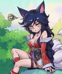  1girl ahri_(league_of_legends) animal_ears bare_shoulders black_dress black_hair braid bush day dress facial_mark fox_ears fox_tail league_of_legends long_hair long_sleeves looking_to_the_side outdoors phantom_ix_row pout red_dress shiny_skin sitting solo squiggle tail tearing_up whisker_markings white_dress yellow_eyes 