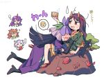  ... 5girls :3 animal_ears black_hair blush brown_hair circlet closed_eyes commentary crying dog_ears flower flower_on_head grey_hair horns long_hair low_twintails mitsugashira_enoko multiple_girls nippaku_zanmu oni_horns open_mouth purple_flower purple_hair purple_horns re_ghotion red_eyes short_hair simple_background single_horn smile son_biten spoken_ellipsis spoken_expression symbol-only_commentary tenkajin_chiyari tongue tongue_out touhou twintails white_background yomotsu_hisami 