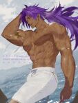  1boy abs arm_tattoo artist_name bara bhima_(fate) cloud dark-skinned_male dark_skin day fate/grand_order fate_(series) highres large_pectorals long_hair male_focus male_swimwear muscular muscular_male navel nipples outdoors pectorals purple_hair semi_(p-poco) sky solo tattoo twitter_username white_male_swimwear 