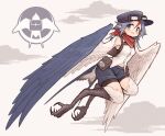  1girl animal_ears animal_feet bag bandana bird_ears bird_legs bird_wings black_headwear black_shorts blush buttons claws closed_mouth feathered_wings full_body grey_eyes grey_hair harpy hat highres kaginoni medium_hair monster_girl navel original red_bandana red_hair shirt shorts solo white_shirt winged_arms wings 