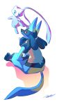  absurdres blue_eyes closed_mouth commentary hand_up highres likey looking_back lucario mew_(pokemon) pokemon pokemon_(creature) red_eyes signature sitting smile white_background 