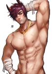  arm_behind_head arm_up armpits bandaged_arm bandages bara greenteaa highres jewelry league_of_legends looking_at_viewer muscular muscular_male navel necklace parted_lips pectorals purple_hair sett_(league_of_legends) signature simple_background upper_body white_background yellow_eyes 