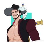  1boy abs bara beard black_hair cropped_torso dracule_mihawk facial_hair hat highres holding male_focus mcbuckwheat muscular muscular_male one_piece pectoral_cleavage pectorals short_hair sideways_glance sword sword_behind_back weapon 