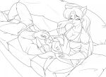  2023 5_fingers ailurid anthro big_breasts black_and_white breasts cleavage clothed clothing dee-j_(kudan7) duo eyes_closed female fingers furniture head_on_lap hi_res lagomorph leporid lying male mammal monochrome on_back on_lap on_sofa rabbit red_panda shirt sitting smile sofa thick_thighs topwear toughset 