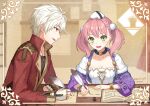  1boy 1girl :d atelier_(series) atelier_escha_&amp;_logy black_shirt blue_choker book bracelet braid breasts brown_background choker cleavage commentary_request dated escha_malier fingerless_gloves fur_choker gloves green_eyes hand_on_table hat holding holding_quill jacket jewelry logix_ficsario long_hair long_sleeves necklace noma_(kifyz23) open_book open_clothes open_jacket open_mouth paper pink_hair profile purple_jacket quill red_jacket shirt short_hair side_braid sitting small_breasts smile table twintails upper_body white_gloves white_hair white_headwear white_shirt wide_sleeves writing yellow_eyes 