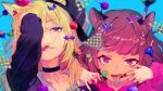  2girls adjusting_hair animal_ear_fluff animal_ears arm_up backwards_hat baseball_cap black_choker black_headwear black_jacket blonde_hair blue_background blurry blurry_foreground brown_hair candy cat_ears choker colored_tongue commentary_request eyelid_pull fang finger_in_own_mouth food hand_in_own_hair hands_up hat holding holding_candy holding_food holding_lollipop hood hoodie jacket k725 kmnz lollipop long_hair long_sleeves looking_at_viewer mc_lita mc_liz mouth_hold mouth_pull multiple_girls o-ring o-ring_choker open_mouth pink_hoodie purple_eyes short_hair smile tongue tongue_out upper_body virtual_youtuber 