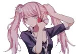  1girl :/ adjusting_hair aima_(a_1ma) black_shirt bow breasts cleavage closed_mouth collarbone cosplay danganronpa:_trigger_happy_havoc danganronpa_(series) enoshima_junko enoshima_junko_(cosplay) freckles hair_ornament highres ikusaba_mukuro long_hair medium_breasts nail_polish necktie rabbit_hair_ornament red_nails shirt short_sleeves simple_background skirt twintails upper_body white_background 