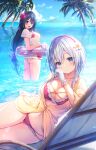  2girls beach bikini black_hair blue_eyes blush bra breasts caustics cloud coconut_tree commentary_request cumulonimbus_cloud flower gloves hair_between_eyes hair_flower hair_ornament hairband highres himeji_shirayuki large_breasts liar_liar long_hair looking_at_another looking_at_viewer multiple_girls official_art palm_tree purple_eyes red_bikini red_bra shirt short_hair sunlight swimsuit tree underwear water white_gloves white_hair white_shirt 