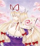  1girl blonde_hair bow breasts bug butterfly butterfly_on_hand cherry_blossoms choker cleavage closed_eyes commentary dress folding_fan hair_bow hand_fan hat hat_ribbon holding holding_fan large_breasts light_smile long_hair marker_(medium) mob_cap purple_dress red_bow red_ribbon ribbon ribbon_choker short_sleeves solo touhou traditional_media very_long_hair yakumo_yukari yuuki_hana_(jtnp5334) 