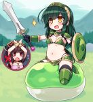  2girls armor bikini_armor blush breasts brown_hair day forest gloves grass green_armor green_hair holding holding_shield holding_sword holding_weapon long_hair mountainous_horizon multiple_girls nature navel null_(nyanpyoun) open_mouth outdoors red_eyes riding shield slime_(creature) small_breasts straddling sword touhoku_kiritan touhoku_zunko underwear v-shaped_eyebrows voiceroid weapon x x_arms yellow_eyes 