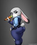  2022 anthro big_butt breasts butt carrot clothing disney ears_down english_text female food hi_res huge_butt judy_hopps lagomorph leporid looking_at_viewer looking_back mammal omegasunburst pen pivoted_ears plant police_uniform rabbit solo text thick_thighs uniform vegetable zootopia 