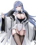  1girl absurdres azur_lane bare_shoulders black_thighhighs blue_hair blunt_bangs breasts cameltoe cleavage coat covered_navel covered_nipples flower fur-trimmed_coat fur_trim garter_straps hair_flower hair_ornament hand_up highres large_breasts leotard long_hair looking_at_viewer purple_eyes simple_background solo thighhighs tomozou-1971 voroshilov_(azur_lane) white_background white_leotard wide_sleeves 