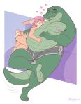  anthro blush bottomwear brownieclop bulge butt clothing crocodile crocodilian crocodylid cuddling digital_media_(artwork) duo girly gym_bottomwear gym_clothing gym_shorts hair hi_res lagomorph leporid male male/male mammal mike_(brownieclop) nipples overweight overweight_male rabbit reptile romantic romantic_couple scalie shorts simple_background size_difference tinval 