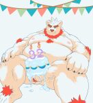  2023 absurd_res anthro balls bear belly big_belly birthday_cake cake cute_fangs dessert food genitals hi_res humanoid_hands kemono male mammal moobs morino8484 navel nipples overweight overweight_male simple_background solo 