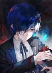  1boy absurdres armband black_jacket black_ribbon blood blood_on_clothes blood_on_face blue_butterfly blue_eyes blue_hair bug butterfly collared_shirt commentary_request gekkoukan_high_school_uniform hair_over_one_eye highres jacket long_sleeves lor_(roasyerizyonirapi) male_focus neck_ribbon one_eye_covered open_clothes open_jacket persona persona_3 red_armband ribbon s.e.e.s school_uniform shirt short_hair solo white_shirt yuuki_makoto 