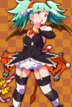  1girl bat_wings biburi_(precure) black_dress black_panties black_sleeves black_thighhighs bow bowtie breasts brown_background brown_eyes candy candy_cane checkered_background cosplay covered_navel demon_tail detached_sleeves dress earrings finger_to_mouth food garter_straps green_hair half-closed_eyes half-dress halloween halloween_costume hatsune_miku hatsune_miku_(cosplay) highres holding holding_behind_back jewelry kirakira_precure_a_la_mode looking_at_viewer medium_breasts medium_hair panties parted_lips precure red_bow red_bowtie ryuuta_(cure_ryuuta) solo standing strapless strapless_dress striped striped_thighhighs tail thighhighs twintails underwear vocaloid wings 