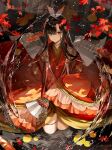  1girl absurdres autumn_leaves black_hair carp colored_inner_hair commentary_request falling_leaves flower folding_fan from_above gold_choker hair_flower hair_ornament hair_over_one_eye hand_fan highres holding holding_fan japanese_clothes kimono kuga_huna layered_clothes layered_kimono leaf lily_pad multicolored_hair original parted_lips red_eyes red_hair red_kimono solo standing thighs very_long_sleeves wading wide_sleeves 
