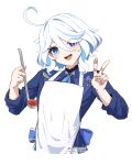  1girl :d absurdres ahoge apron asiri_senpai blue_eyes blue_jacket brooch commentary furina_(genshin_impact) genshin_impact head_tilt highres holding holding_ladle jacket jewelry ladle long_sleeves looking_at_viewer no_headwear open_mouth revision short_hair smile solo upper_body v white_apron white_hair 