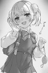  1girl backpack bag belt blush bow bowtie child commentary crime_prevention_buzzer dress eyelashes flat_chest greyscale hair_ornament half-closed_eyes hand_up heart highres indie_virtual_youtuber kaguya_(srx61800) long_sleeves looking_at_viewer medium_hair monochrome open_mouth pom_pom_(clothes) pom_pom_hair_ornament shigure_ui_(vtuber) shigure_ui_(young)_(vtuber) shirt shukusei!!_loli-gami_requiem sidelocks smile solo translation_request twintails wing_collar 