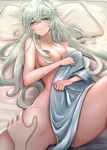  1girl absurdres animal_ears areola_slip arknights bear_ears bear_girl blanket blue_eyes blue_hair breasts grabbing grabbing_another&#039;s_breast hair_between_eyes heterochromia highres large_breasts long_hair looking_at_viewer lying nude on_back on_bed red_eyes red_hair rosa_(arknights) runyo_(yale12312) solo_focus spread_legs thighs very_long_hair white_hair 