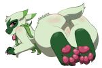  alrecsolus big_butt blush breasts butt claws female floragato generation_9_pokemon hi_res looking_at_viewer looking_back lying nintendo on_front pawpads pokemon pokemon_(species) small_breasts solo tagme toe_claws 