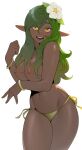  1girl :d arm_under_breasts bangle bikini bikini_bottom_only body_freckles bracelet breasts cheshirrr commentary dark-skinned_female dark_nipples dark_skin elf english_commentary flower freckles green_eyes groin hair_between_eyes hair_flower hair_ornament highres jewelry large_breasts long_hair looking_at_viewer navel nipples open_mouth pointy_ears sadida side-tie_bikini_bottom simple_background smile solo stomach swimsuit topless wakfu white_background yellow_bikini yellow_eyes 
