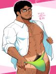  1boy abs arm_hair bara bare_pectorals beard beard_stubble briefs chest_hair collared_shirt covered_penis dark-skinned_male dark_skin dated facial_hair glasses green_male_underwear hairy highres large_pectorals leg_hair male_focus male_pubic_hair male_underwear mature_male muscular muscular_male mustache_stubble navel_hair nipples no_pants open_clothes open_shirt opened_by_self original pectorals pubic_hair shirt short_hair sideburns smirk solo sparse_chest_hair tan tanlines thick_thighs thighs underwear upper_body yowaifish 