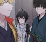  1other 2boys ahoge blonde_hair blue_eyes blue_kimono braid brown_hair dkknht fate/samurai_remnant fate_(series) frown gilgamesh_(fate) highres japanese_clothes jewelry jitome katana kimono miyamoto_iori_(fate) multiple_boys orange_eyes pendant red_eyes saber_(fate/samurai_remnant) sword weapon 