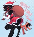 1girl 2021 abby_(za1f0n) absurdres artist_self-insert belt black_hair breasts colored_sclera cosplay dated dress eldritch_abomination extra_eyes fishnets hat highres looking_at_viewer merry_christmas monster_girl original red_eyes red_sclera rudolph_the_red_nosed_reindeer rudolph_the_red_nosed_reindeer_(cosplay) santa_costume santa_dress santa_hat sharp_teeth signature simple_background teeth thighhighs too_many_eyes za1f0n 