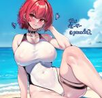  1girl anchor_symbol arm_support azur_lane beach breasts choker closed_mouth cloud covered_navel covered_nipples dated hand_up heart large_breasts looking_at_viewer official_alternate_costume one-piece_swimsuit outdoors paundo2 red_eyes red_hair short_hair sitting sky smile solo swimsuit thigh_strap twitter_username water weser_(azur_lane) weser_(wave-washed_paradise)_(azur_lane) 